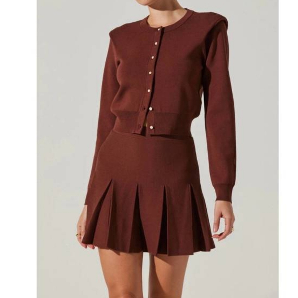 NWT |Astr | Cardigan + Pleated Skirt Matching Set In Mulberry
